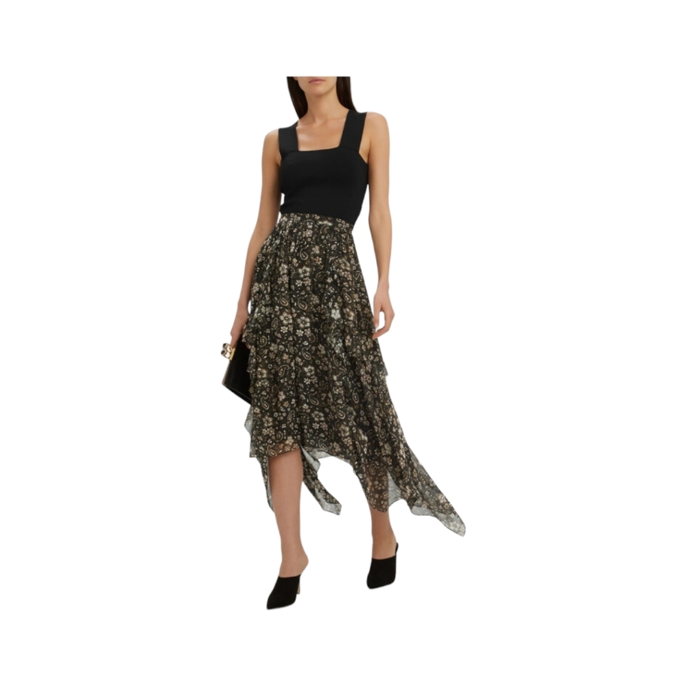 Ulla Johnson Torrie Silk Black Paisley Floral Ruffle Midi-Skirt Sz 8 Whimsigoth